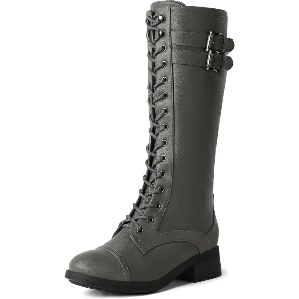 Women's Polyurethane Pu Georgia Grey Double buckle Knee High Riding Combat Boot